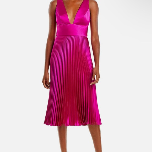 Amsale Deep Plunge Front & Back Midi Dress Pleated Skirt Bright Pink 16 NWT - Picture 2 of 12
